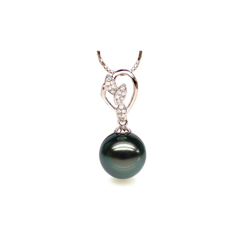Pendentif pétales d'or rose - Diamants pavés - Perle de Tahiti - 1