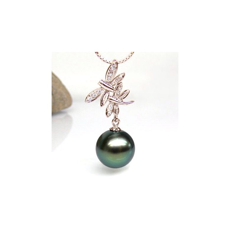 Pendentif libellules - Couple volant - Perle Tahiti, or rose, diamants - 2
