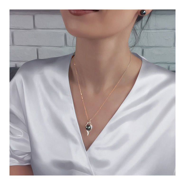 Pendentif barrettes incurvées or rose - Perle de Tahiti, diamants - 5