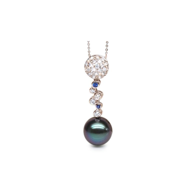 Pendentif boules - Perle de Tahiti - Or rose, diamants, saphirs bleus - 1