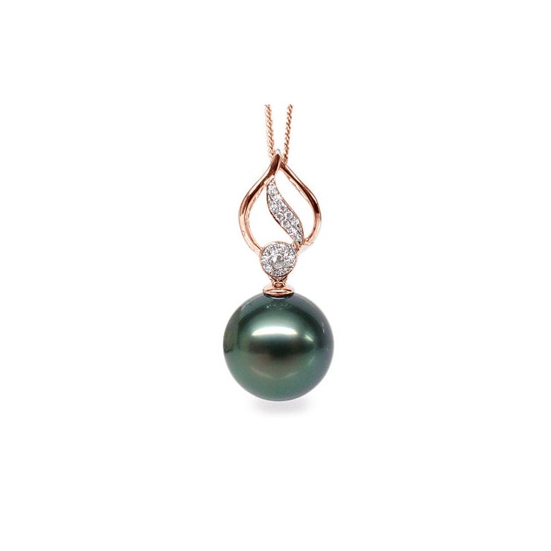 Pendentif feuille or rose diamanté - Perle de Tahiti noire, bleue verte - 1