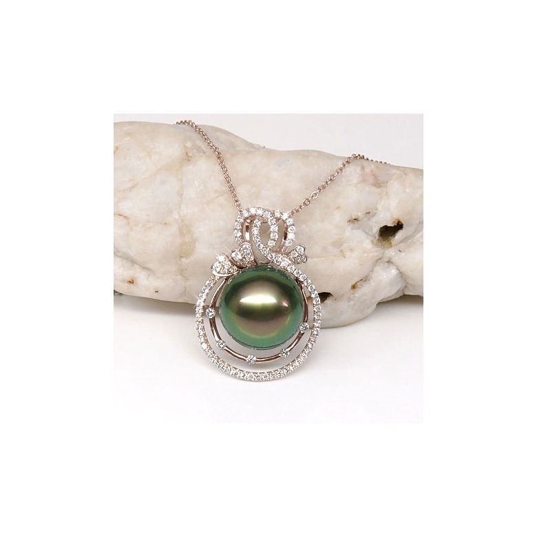 Pendentif 3 coeurs - Amour - Perle de Tahiti - Or rose, diamants - 2