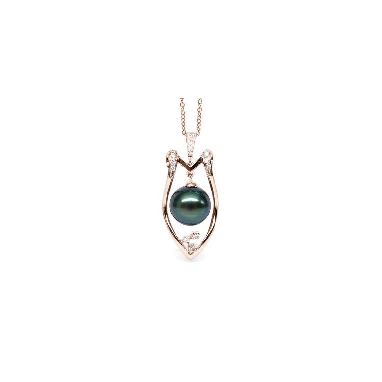 Pendentif protection - Bouclier - Perle de Tahiti - Or rose, diamants - 1