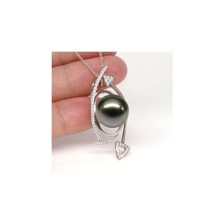 Pendentif elliptique - Perle Tahiti paon aubergine - Or rose, diamants - 2
