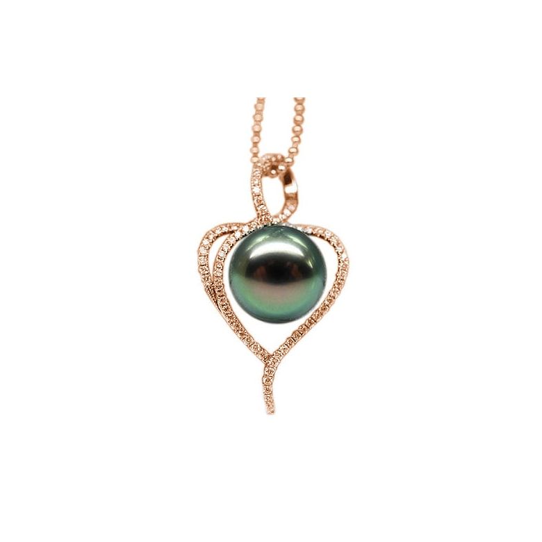 Pendentif coeur - Déclaration d'amour - Perle Tahiti - Or rose, diamants - 1
