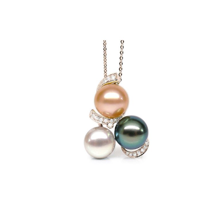 Pendentif trilogie - Perle Tahiti, perles eau douce - Or rose, diamants - 1