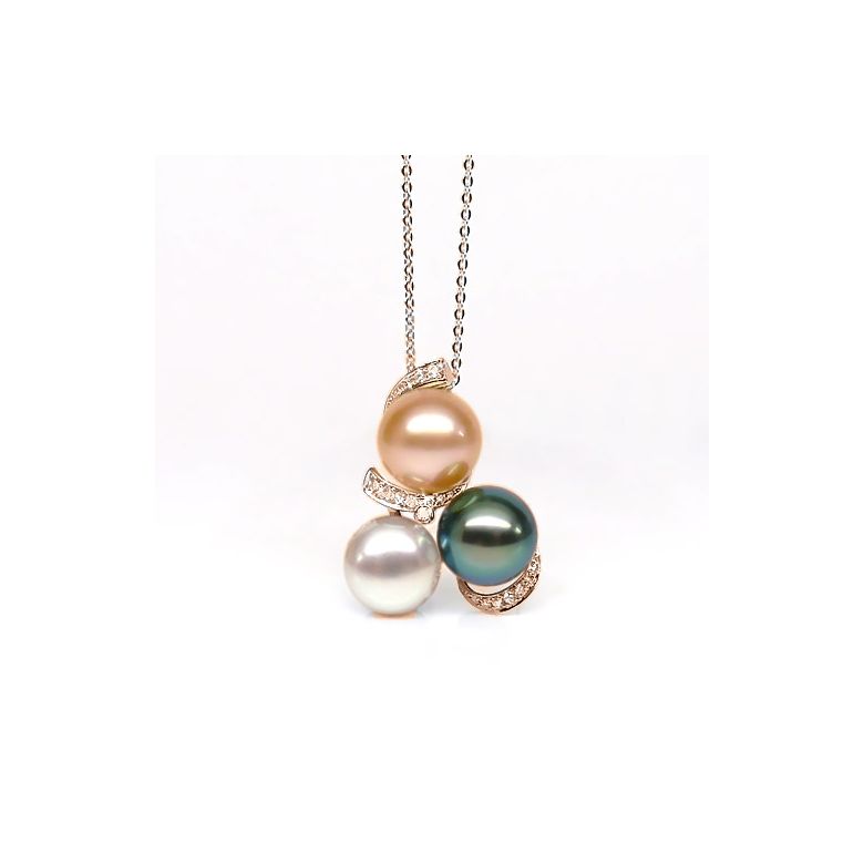 Pendentif trilogie - Perle Tahiti, perles eau douce - Or rose, diamants - 2