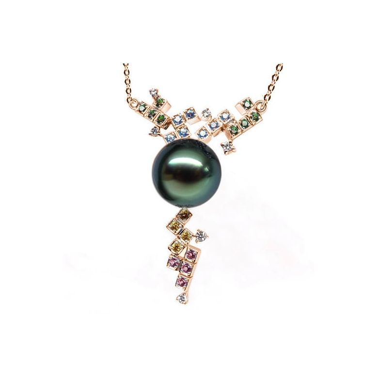 Pendentif avec chaine - Perle de Tahiti - Or rose, diamants, topazes - 1
