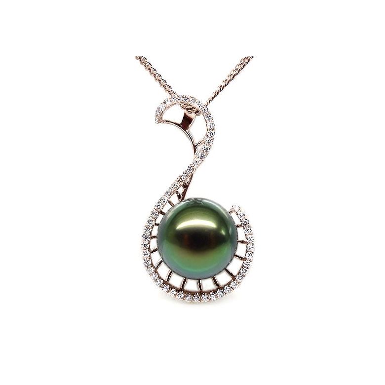 Pendentif Nature - Grâce du cygne - Perle de Tahiti - Or rose, diamants - 1