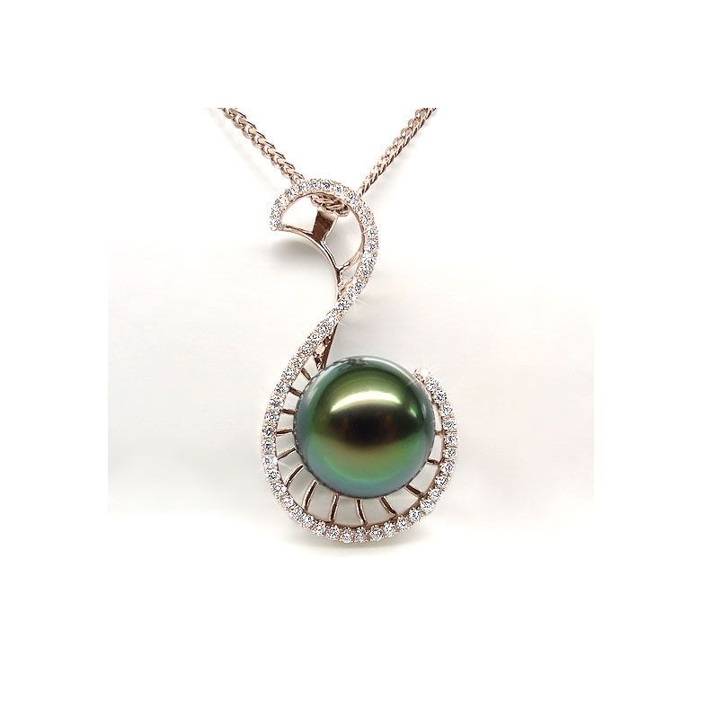 Pendentif Nature - Grâce du cygne - Perle de Tahiti - Or rose, diamants - 3