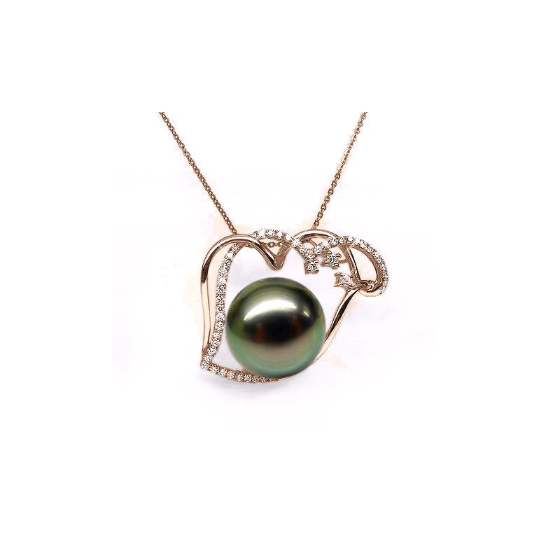 Pendentif coeur nébuleux, romantique - Perle Tahiti - Or rose, diamants - 4