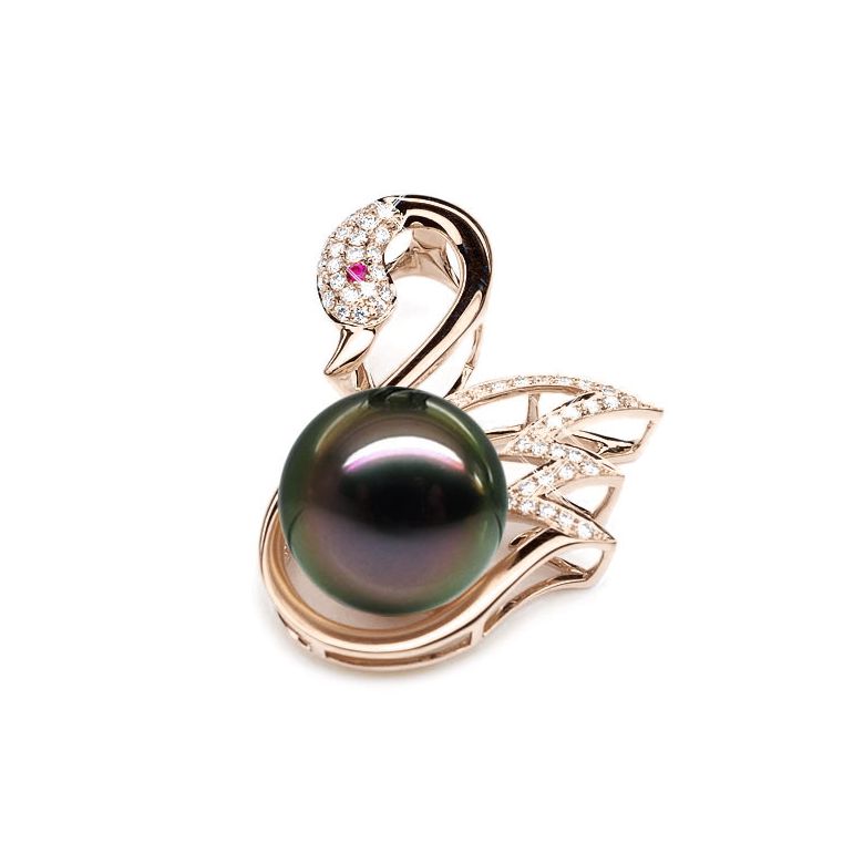 Pendentif cygne - Perle de Tahiti - Or rose, diamants, saphir rose - 2
