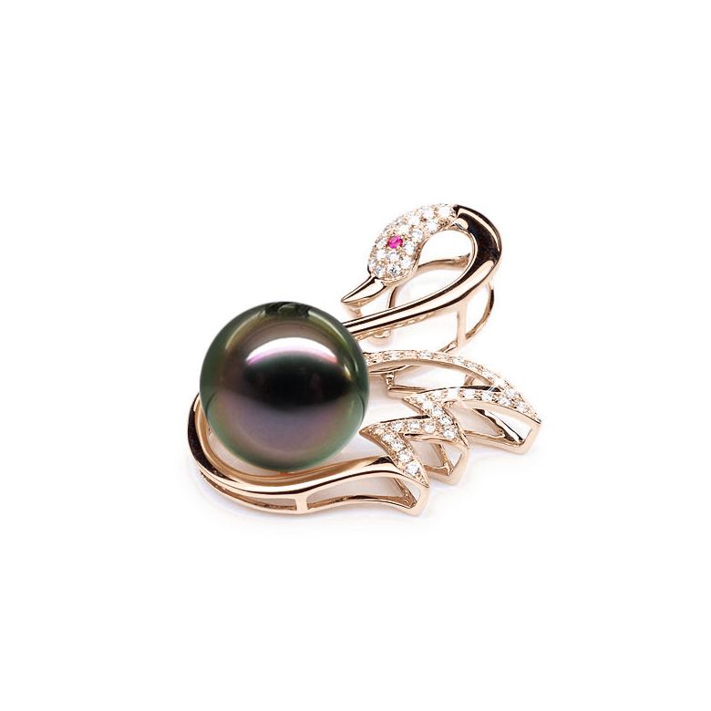 Pendentif cygne - Perle de Tahiti - Or rose, diamants, saphir rose - 3
