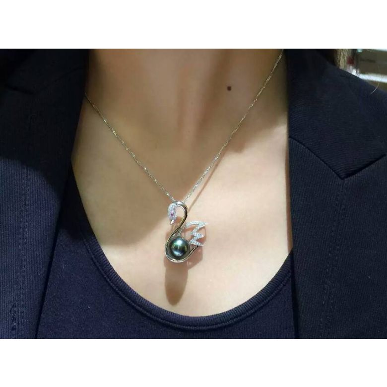 Pendentif cygne - Perle de Tahiti - Or rose, diamants, saphir rose - 4