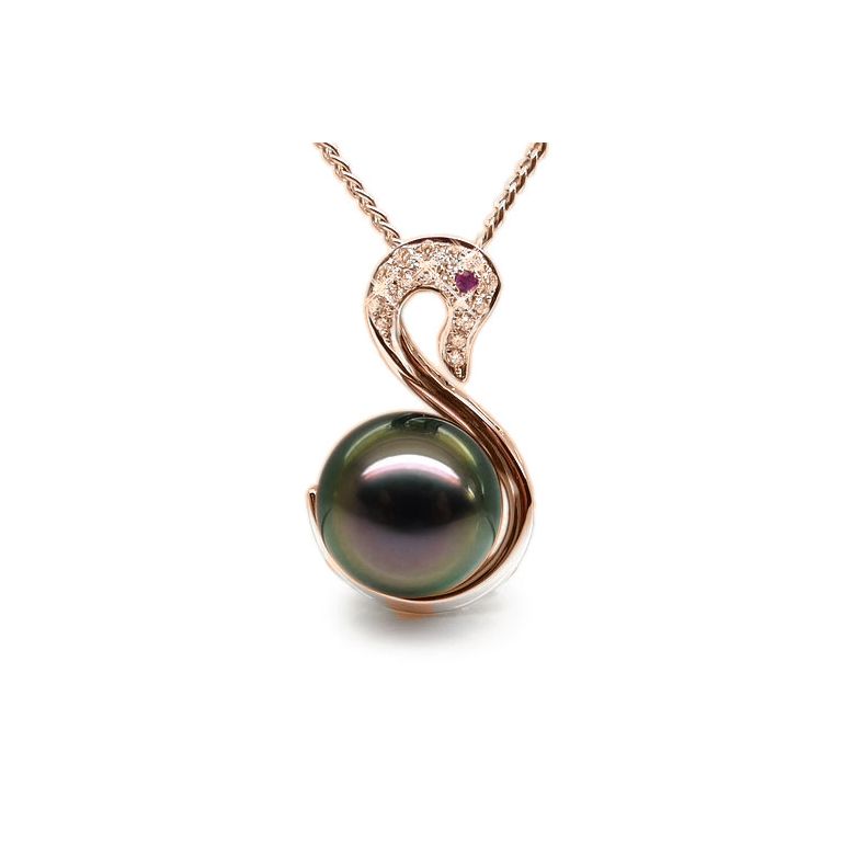 Pendentif cygne or rose - Perle de Tahiti - Diamants, saphir rose - 1