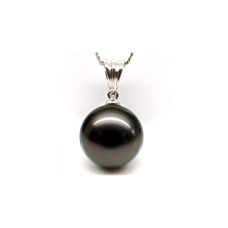 Pendentif bélière or blanc striée - Perle de Tahiti noire, bronze - 1