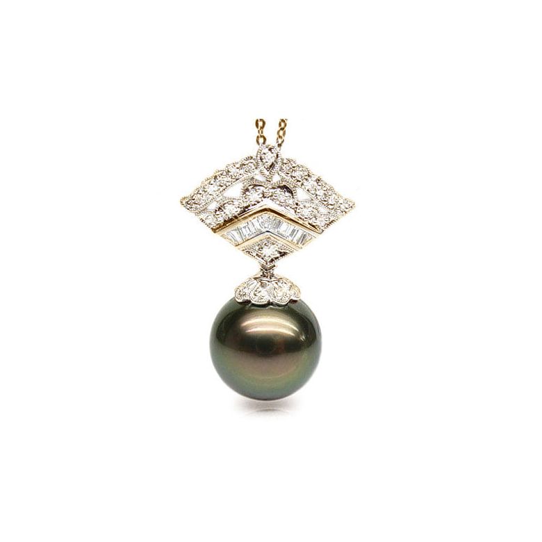 Pendentif perle de Tahiti - Or jaune - Diamants princesses, brillants - 1