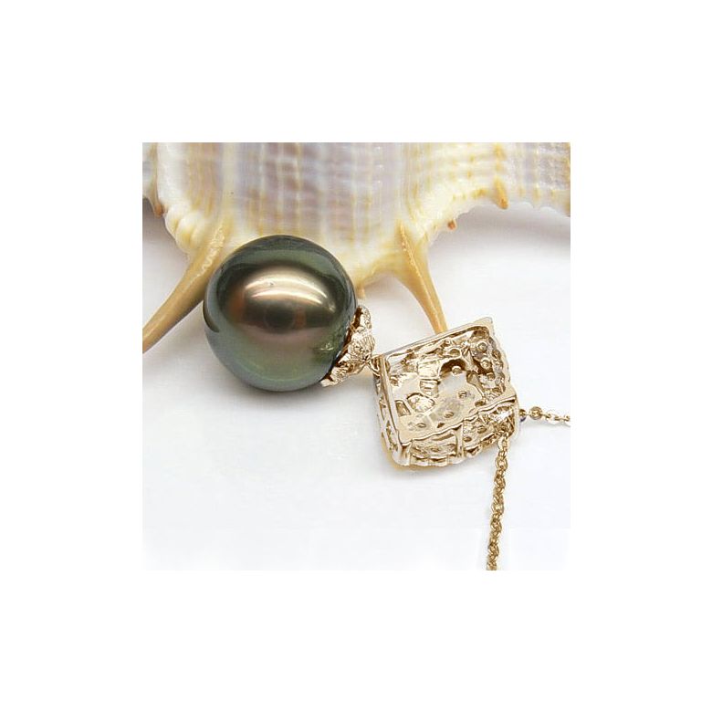 Pendentif perle de Tahiti - Or jaune - Diamants princesses, brillants - 2