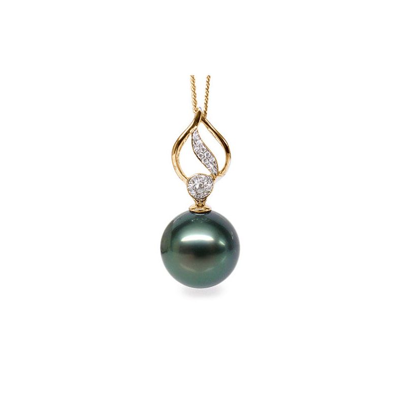 Pendentif feuille or jaune diamanté - Perle de Tahiti noire, bleue verte - 1