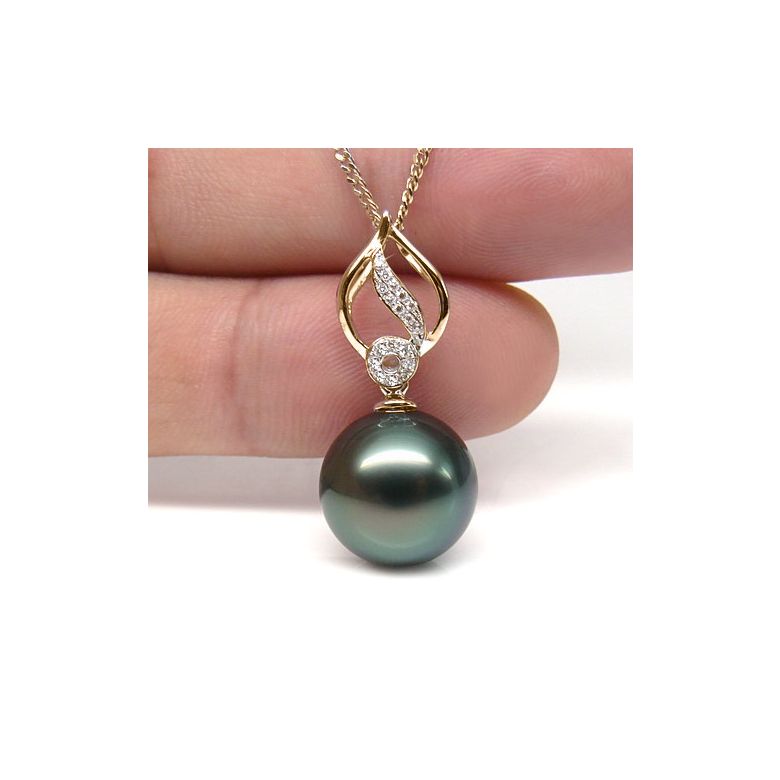 Pendentif feuille or jaune diamanté - Perle de Tahiti noire, bleue verte - 2