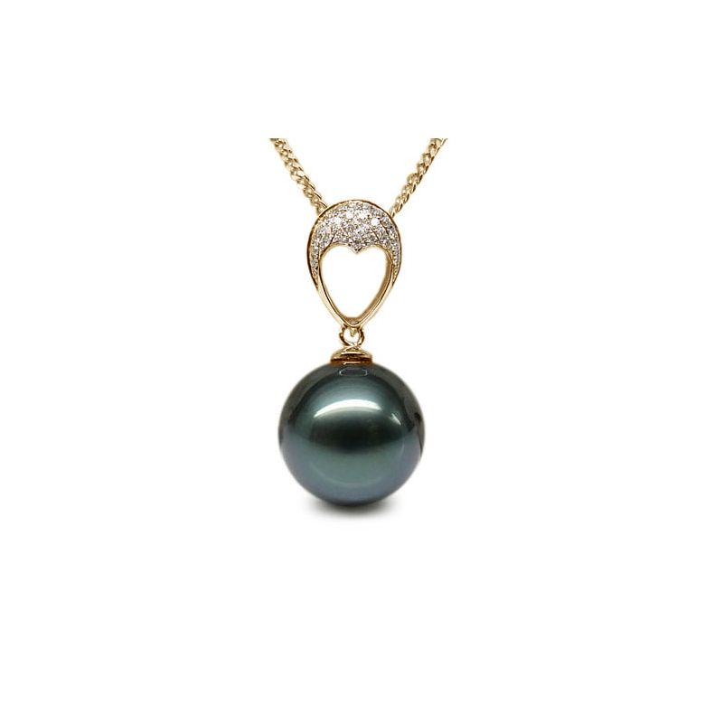 Pendentif coeur - Perle Tahiti bleue - Or jaune, diamants micro griffes - 1