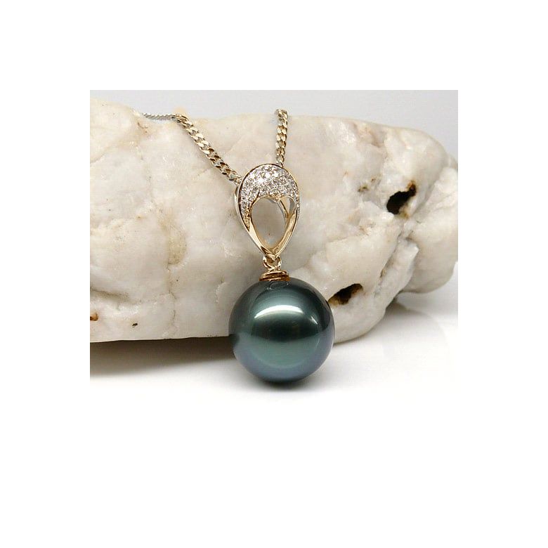 Pendentif coeur - Perle Tahiti bleue - Or jaune, diamants micro griffes - 3