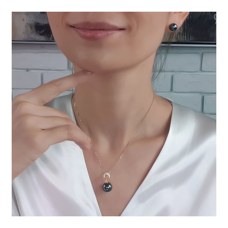 Pendentif coeur - Perle Tahiti bleue - Or jaune, diamants micro griffes - 7
