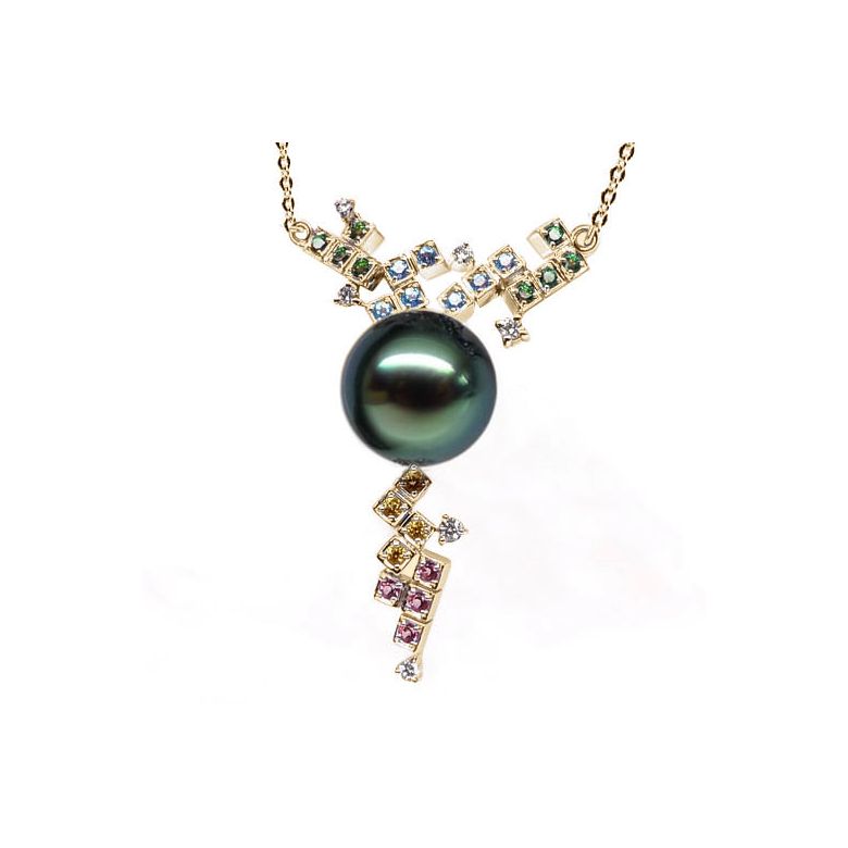 Pendentif avec chaine - Perle de Tahiti - Or jaune, diamants, topazes - 1