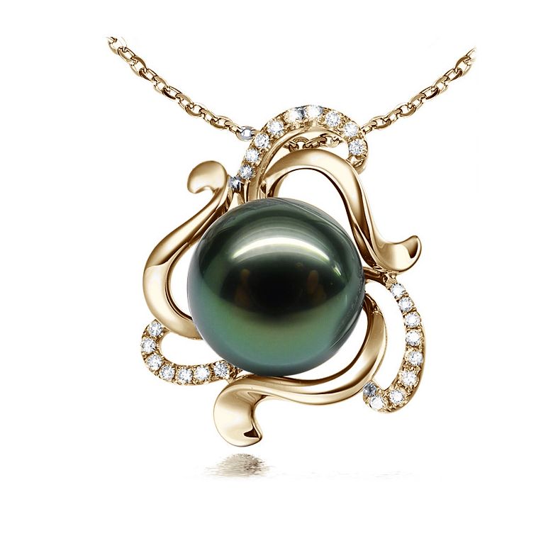 Pendentif perle de Tahiti verte 11/12mm - Or jaune et diamants - 1