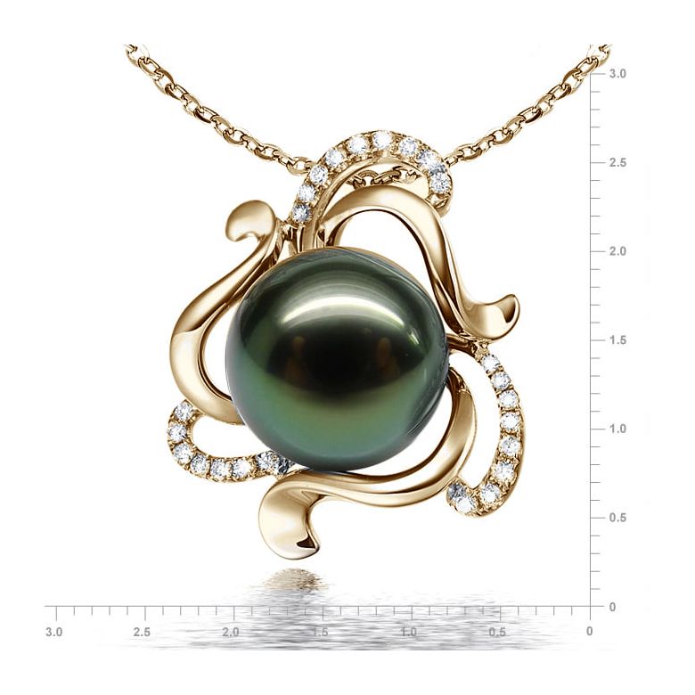 Pendentif perle de Tahiti verte 11/12mm - Or jaune et diamants - 2