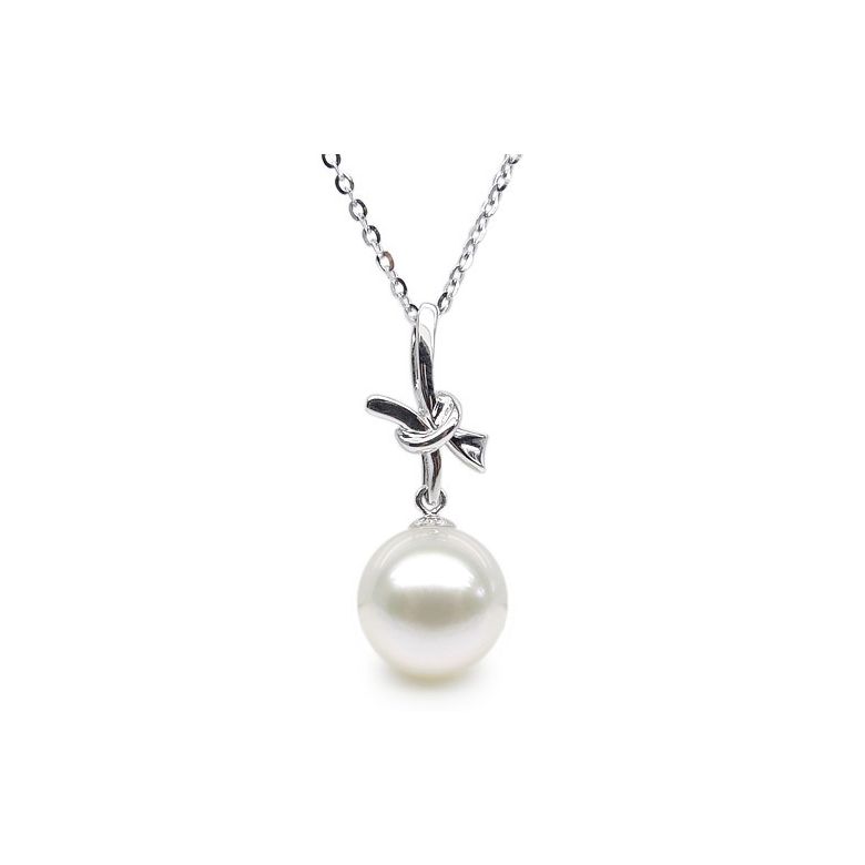 Pendentif noeud or blanc 18cts monté d'une perle d'eau douce blanche - 1