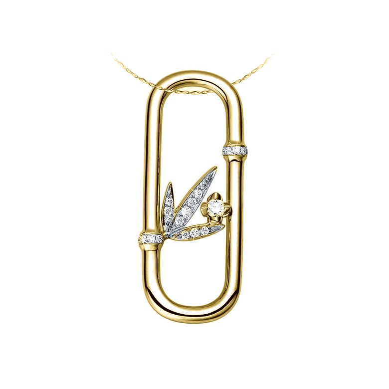 Pendentif feuilles bambou or jaune - Tige incurvée - Noeuds diamantés - 1