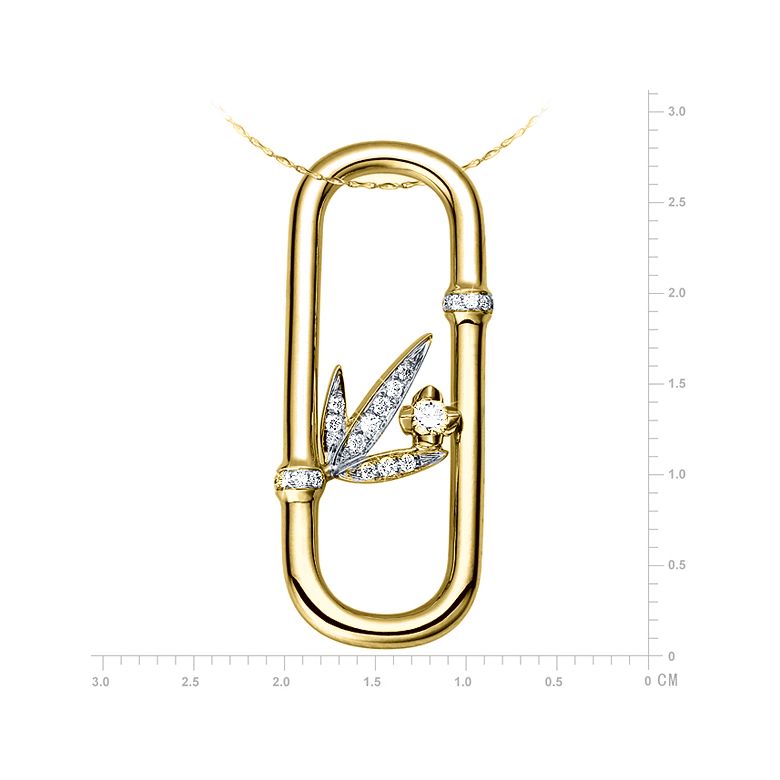 Pendentif feuilles bambou or jaune - Tige incurvée - Noeuds diamantés - 3