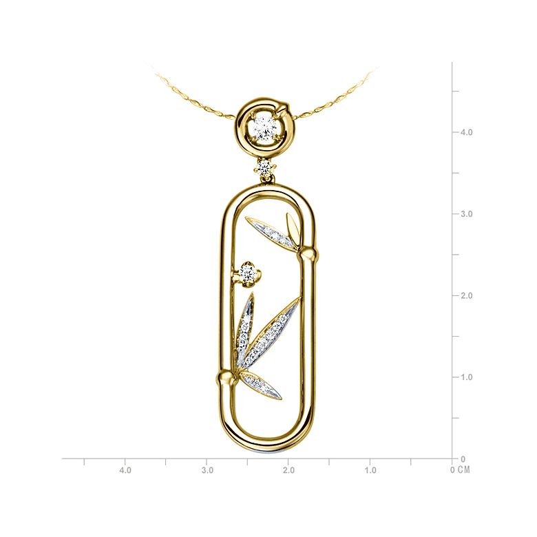 Pendentif végétal raffiné - Bambou incurvé or jaune - Diamants 0.20ct - 3
