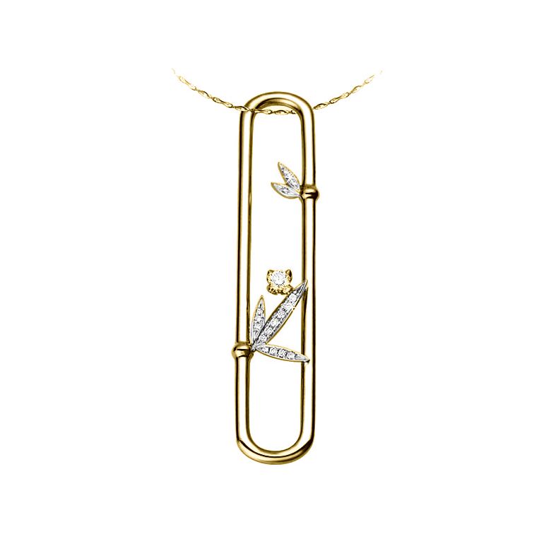 Pendentif diamants cloisonnés et or jaune - Végétal feuilles de bambou - 1