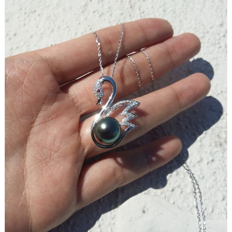 Pendentif cygne - Perle de Tahiti - Or blanc, diamants, saphir rose - 1
