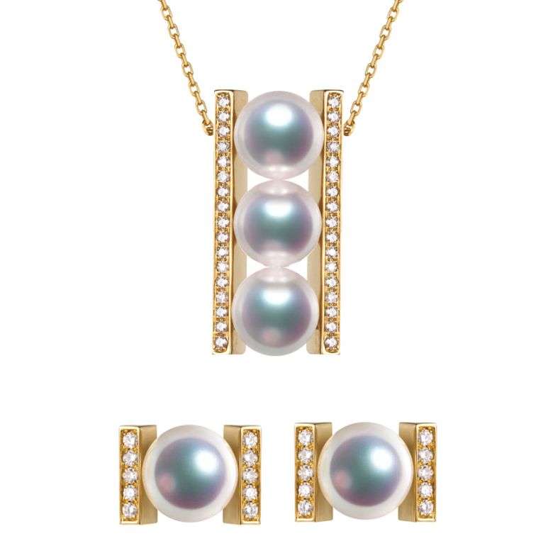 Pendentif et Boucles Otohiko. Perles Akoya, Or jaune, diamants - 1