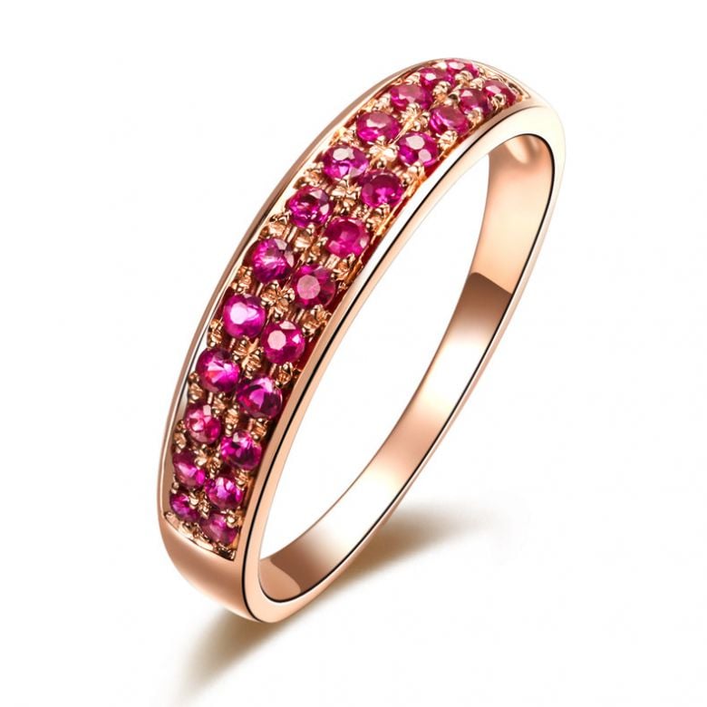 Bague or rose demi tour rubis - 2 rangées de pierres pavées - 1