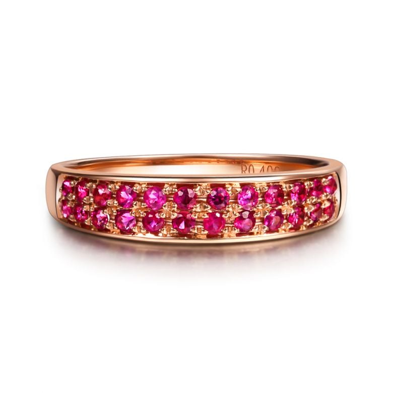 Bague or rose demi tour rubis - 2 rangées de pierres pavées - 5