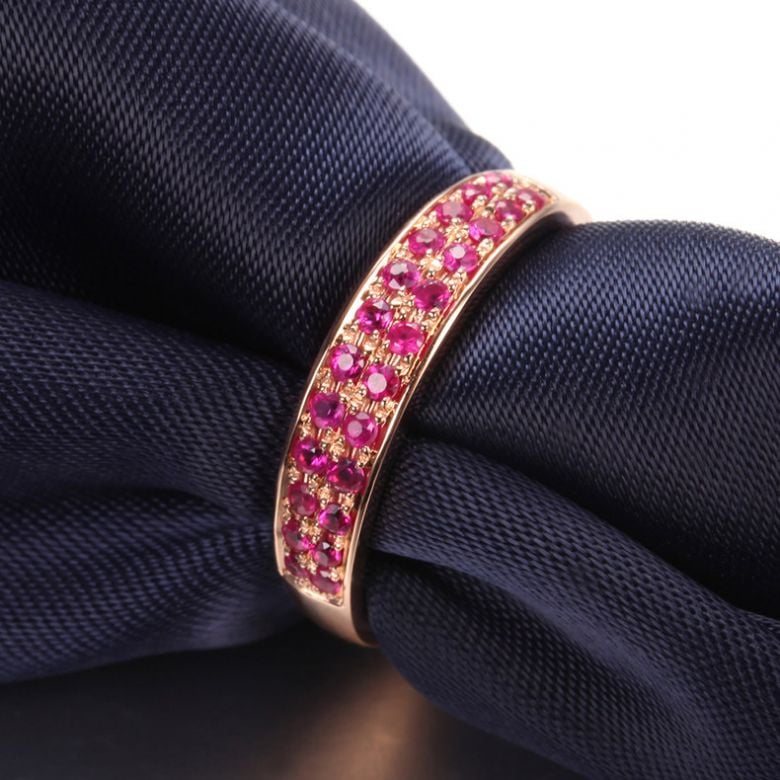 Bague or rose demi tour rubis - 2 rangées de pierres pavées - 3