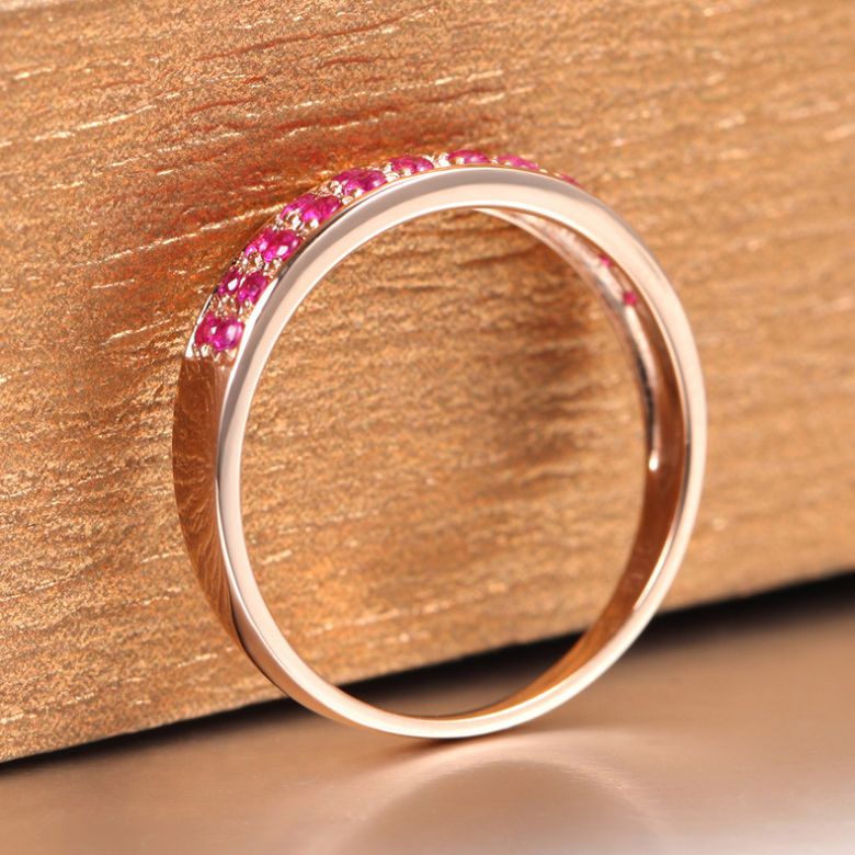Bague or rose demi tour rubis - 2 rangées de pierres pavées - 4