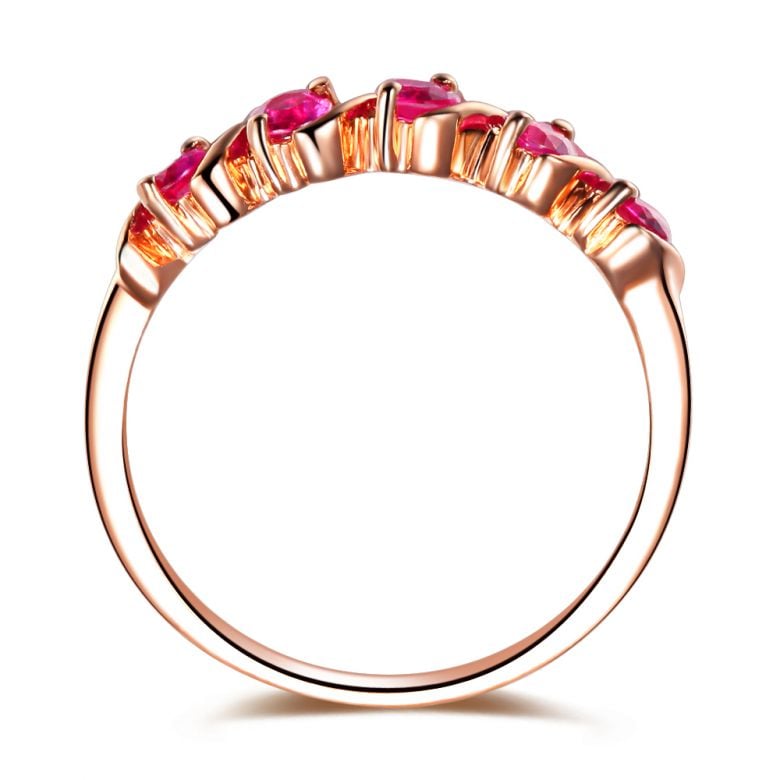 Bague Or Rose 5 rubis 0.50ct. Bandelettes Incurvées Vagues - 4
