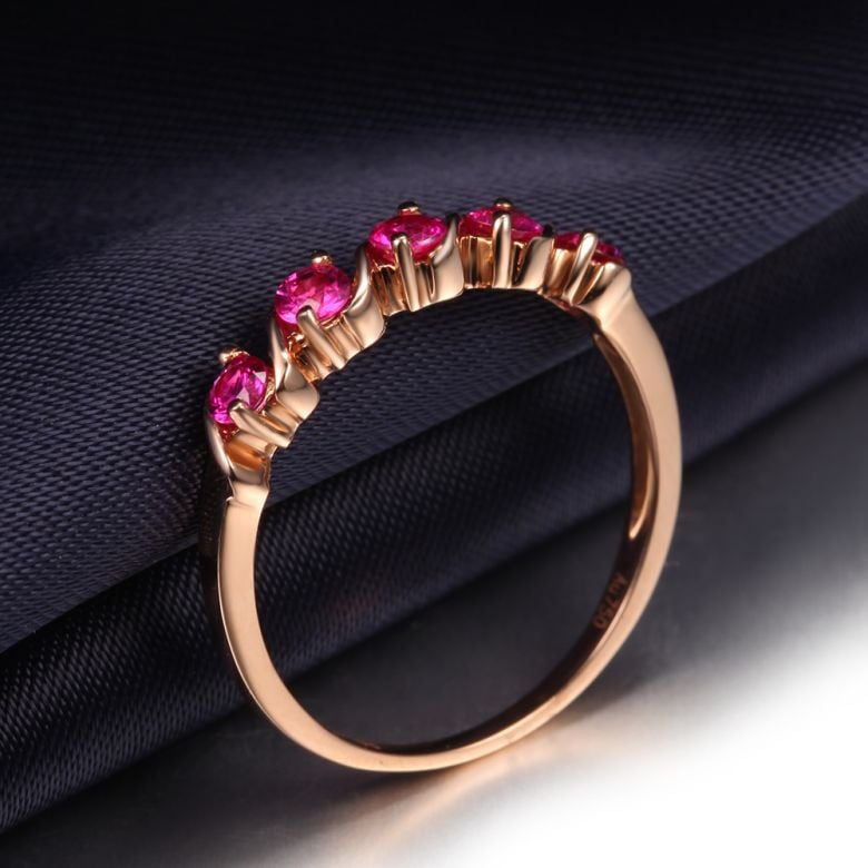 Bague Or Rose 5 rubis 0.50ct. Bandelettes Incurvées Vagues - 3