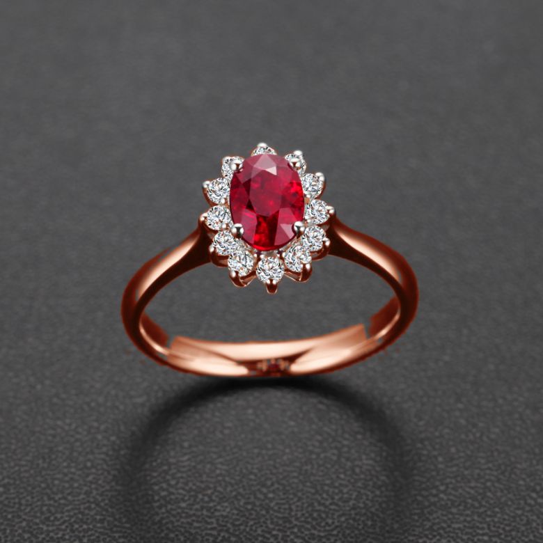 Bague rubis, diamants monture or rose - Création florale classique - 3
