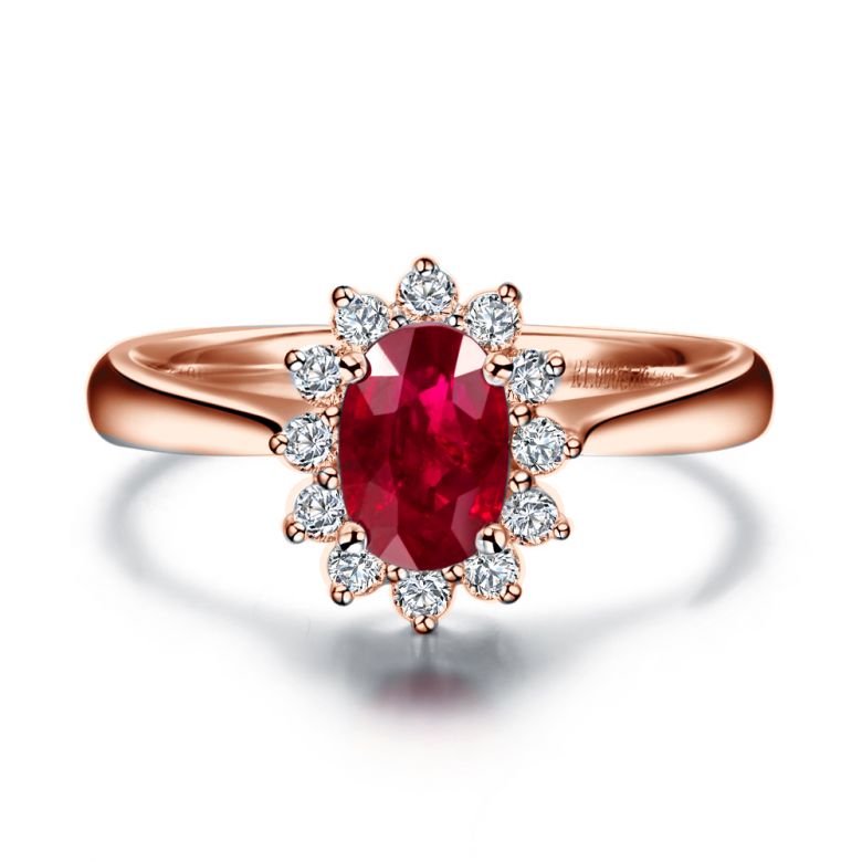 Bague rubis, diamants monture or rose - Création florale classique - 4