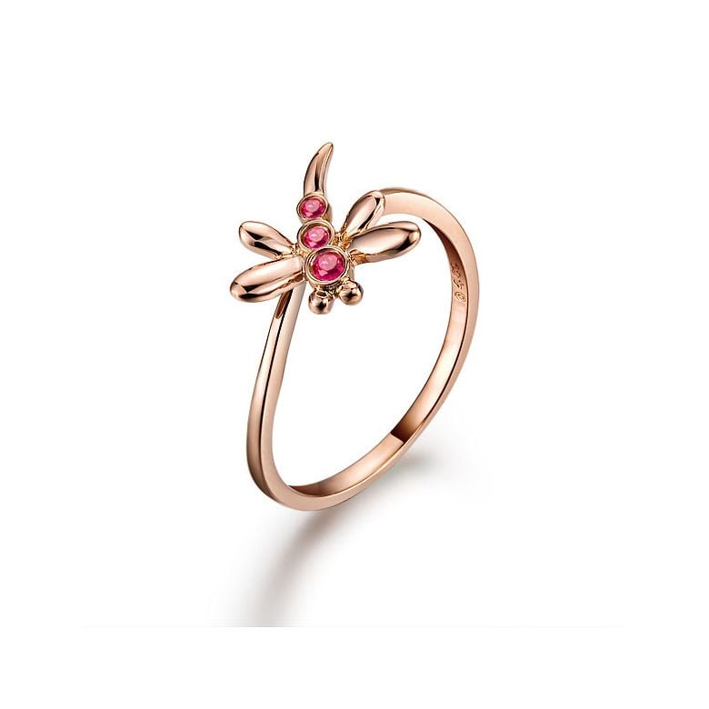 Bague libellule en or rose et rubis - 1