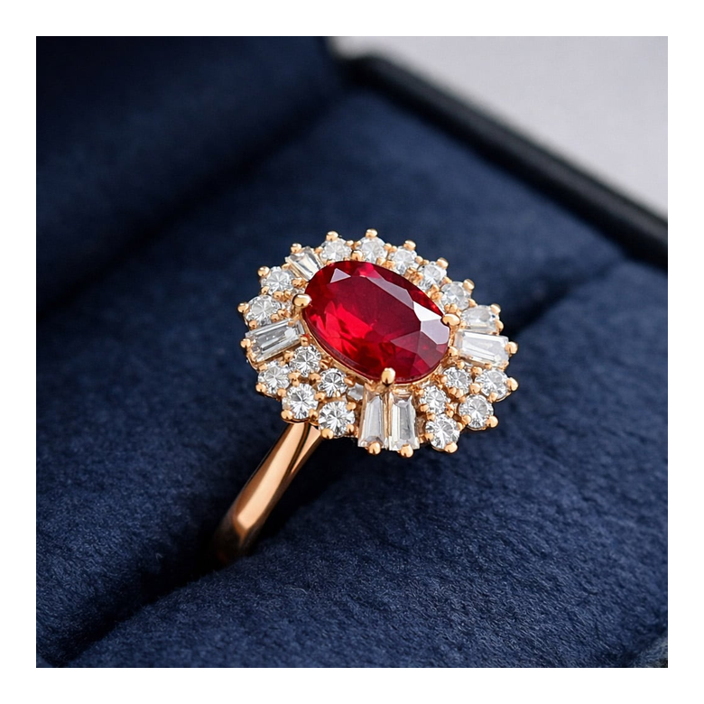 Bague fiançailles rubis, diamants or rose - 1