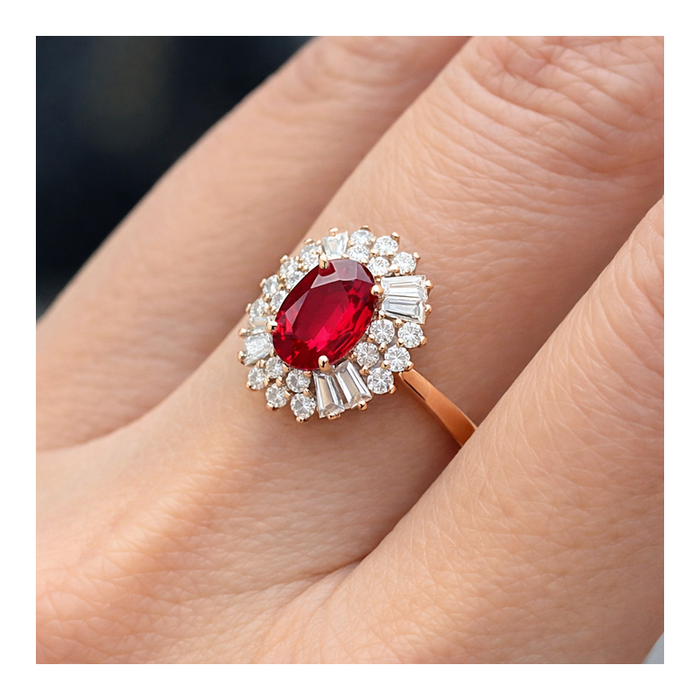 Bague fiançailles rubis, diamants or rose - 2