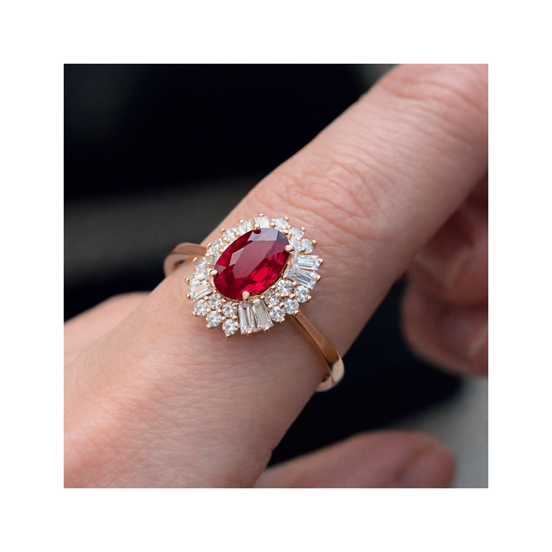 Bague fiançailles rubis, diamants or rose - 3