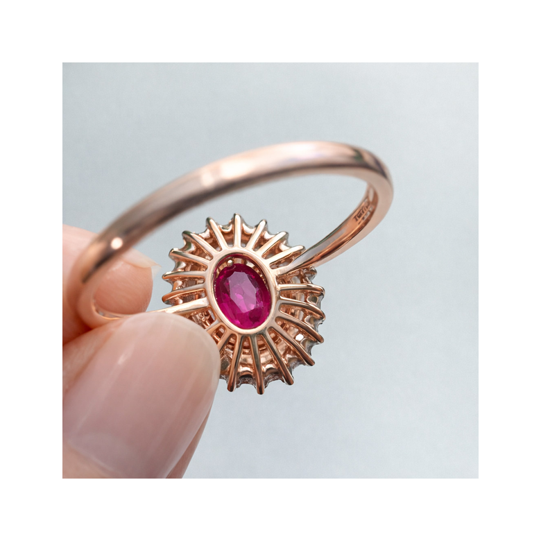 Bague fiançailles rubis, diamants or rose - 4